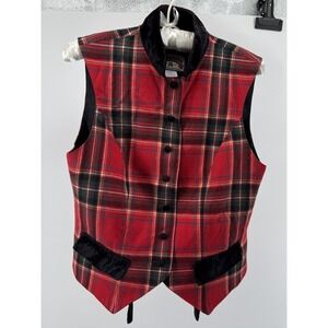 Vtg Pine Cove Red Tartan Plaid Vest Velvet Trim Preppy Holiday USA Sz Small